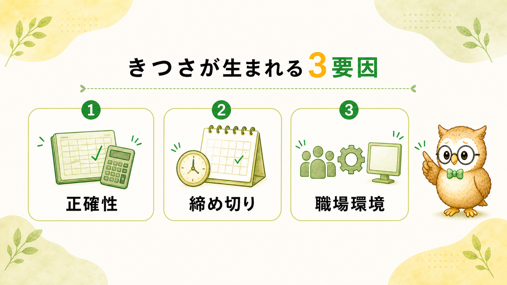経理のきつさが正確性・締め切り・職場環境から生まれることを示す図