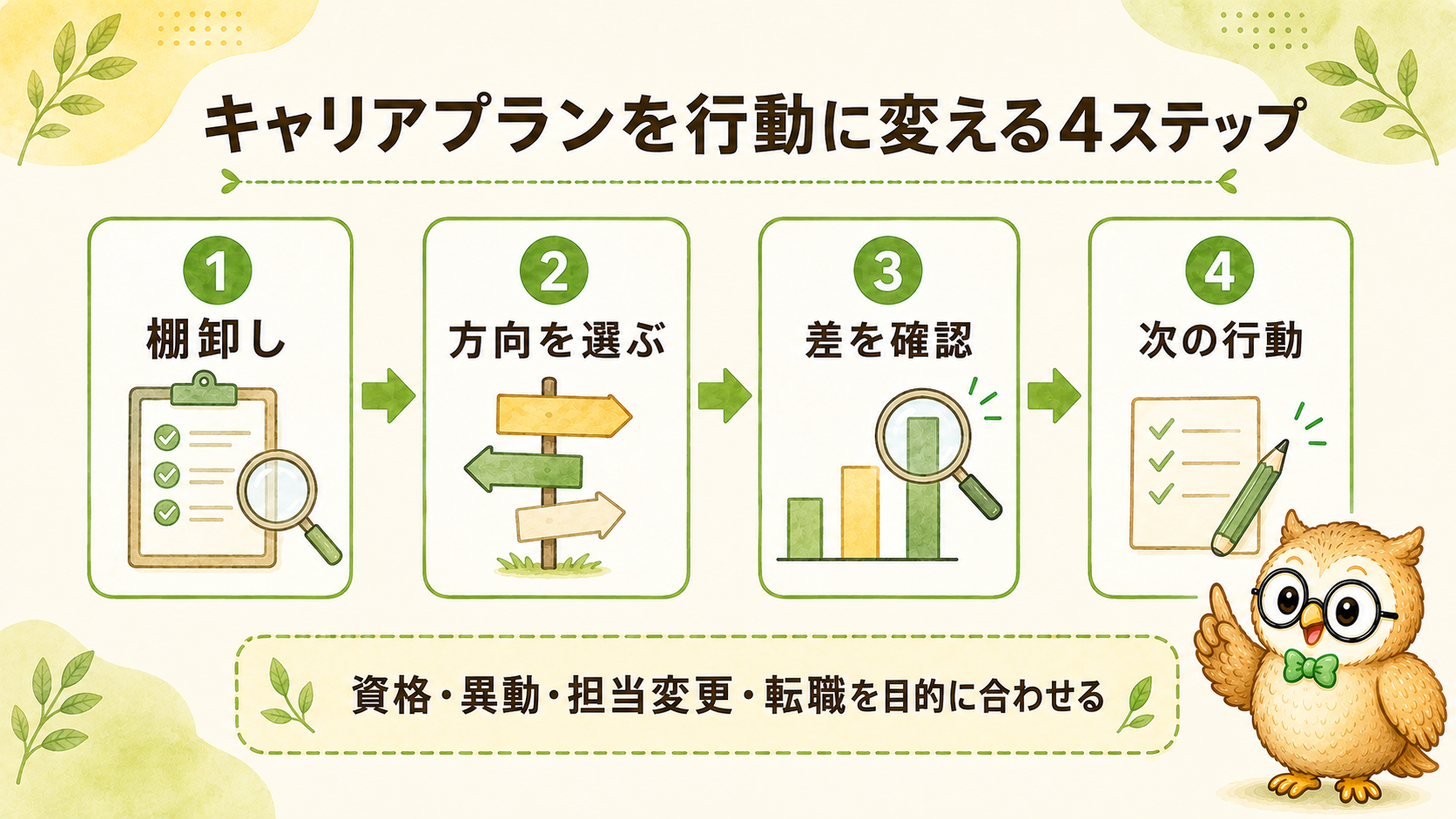 経理のキャリアプランは、棚卸し、方向選択、差の確認、次の行動の4ステップで作る