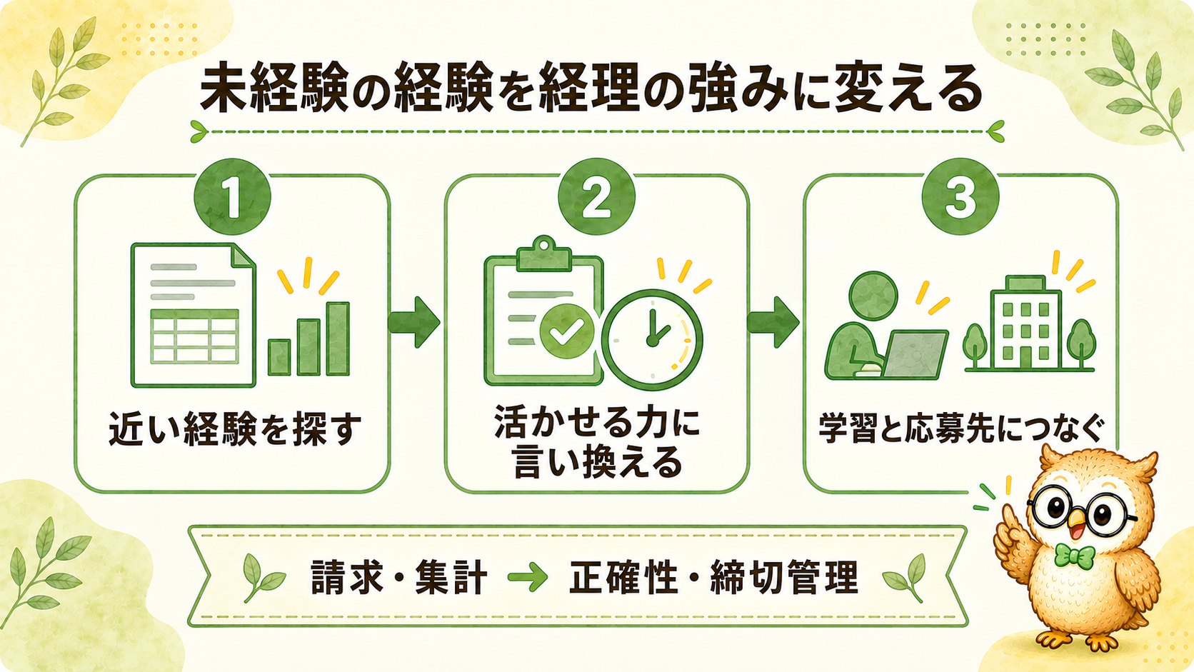 経理未経験者は、請求や集計などの近接経験を、経理で活かせる正確性や締切管理へ翻訳し、簿記学習と応募先業務につなげる
