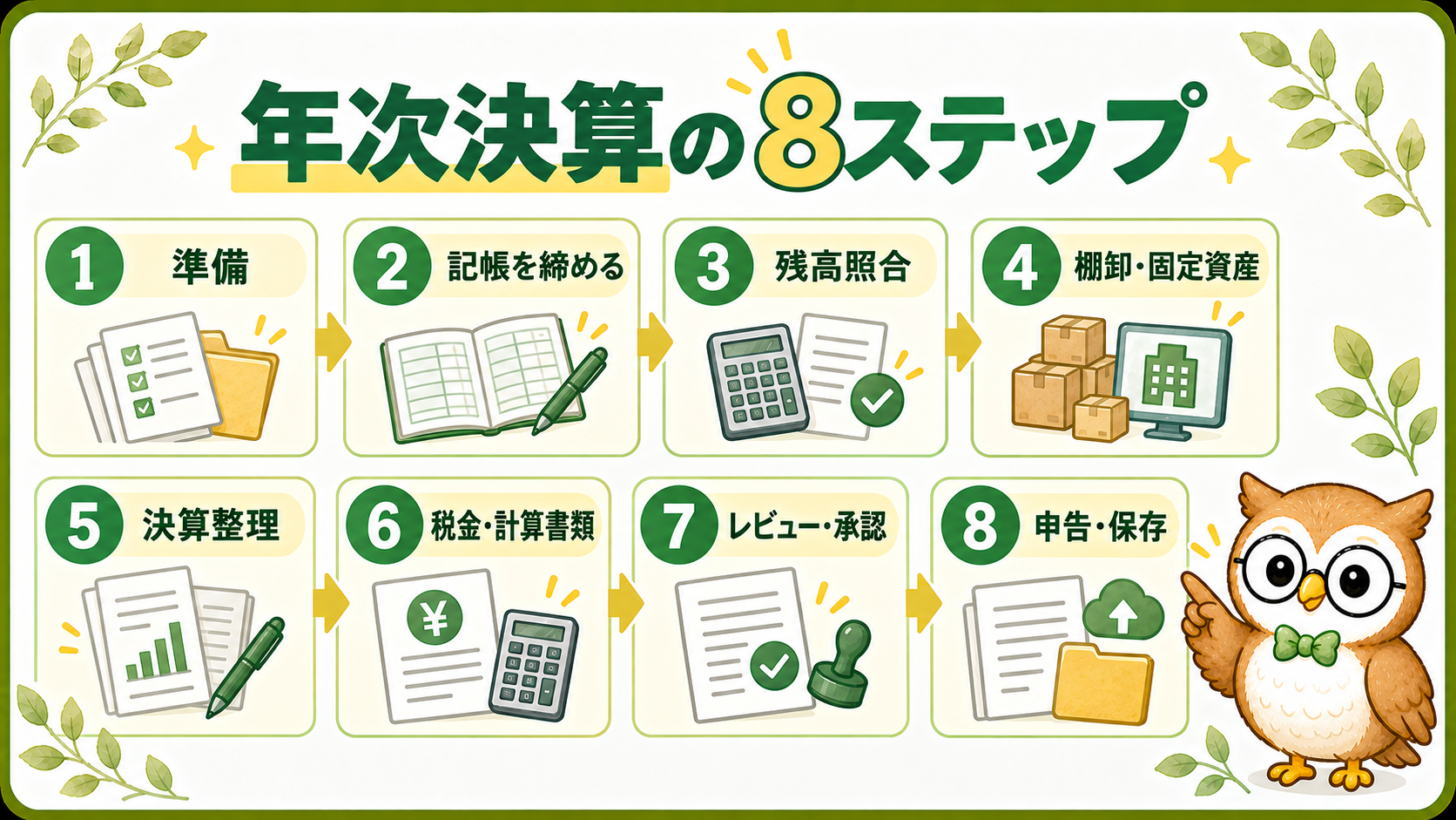 年次決算の8ステップを示した業務フロー図