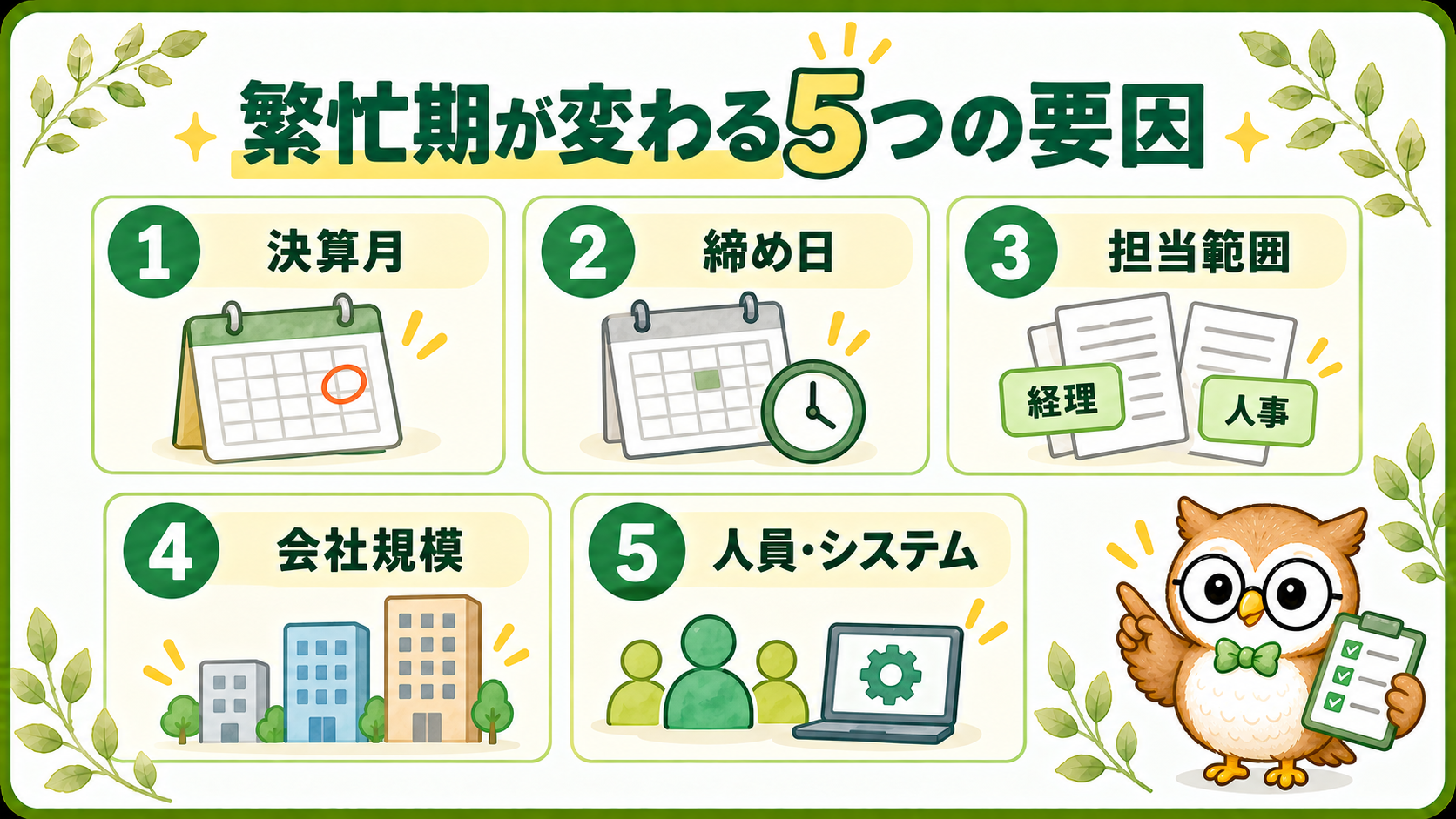 経理の繁忙期が会社ごとに違う5つの要因を示した図