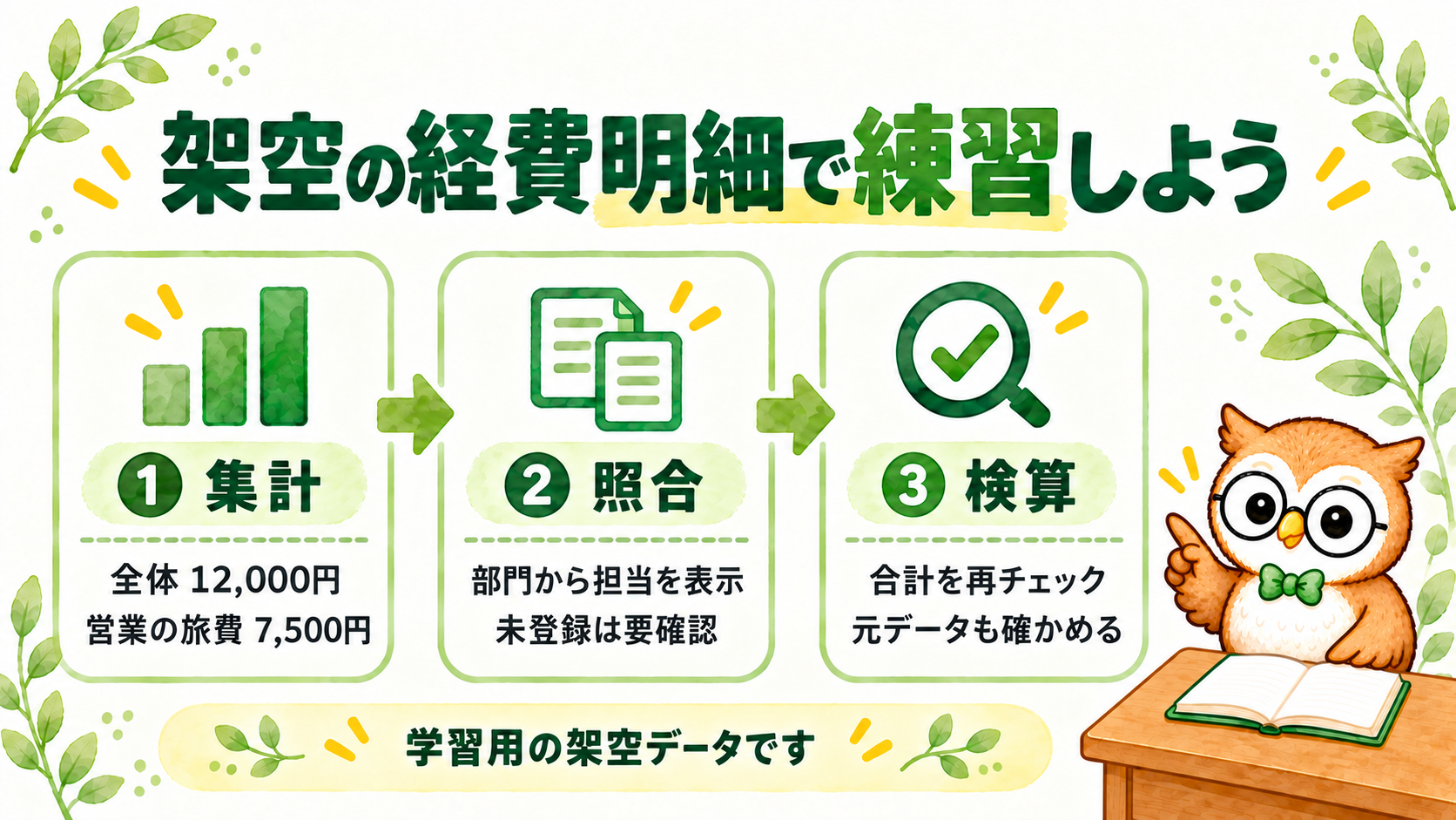 架空経費明細の全体合計12000円と営業旅費7500円を集計・照合・検算する練習図