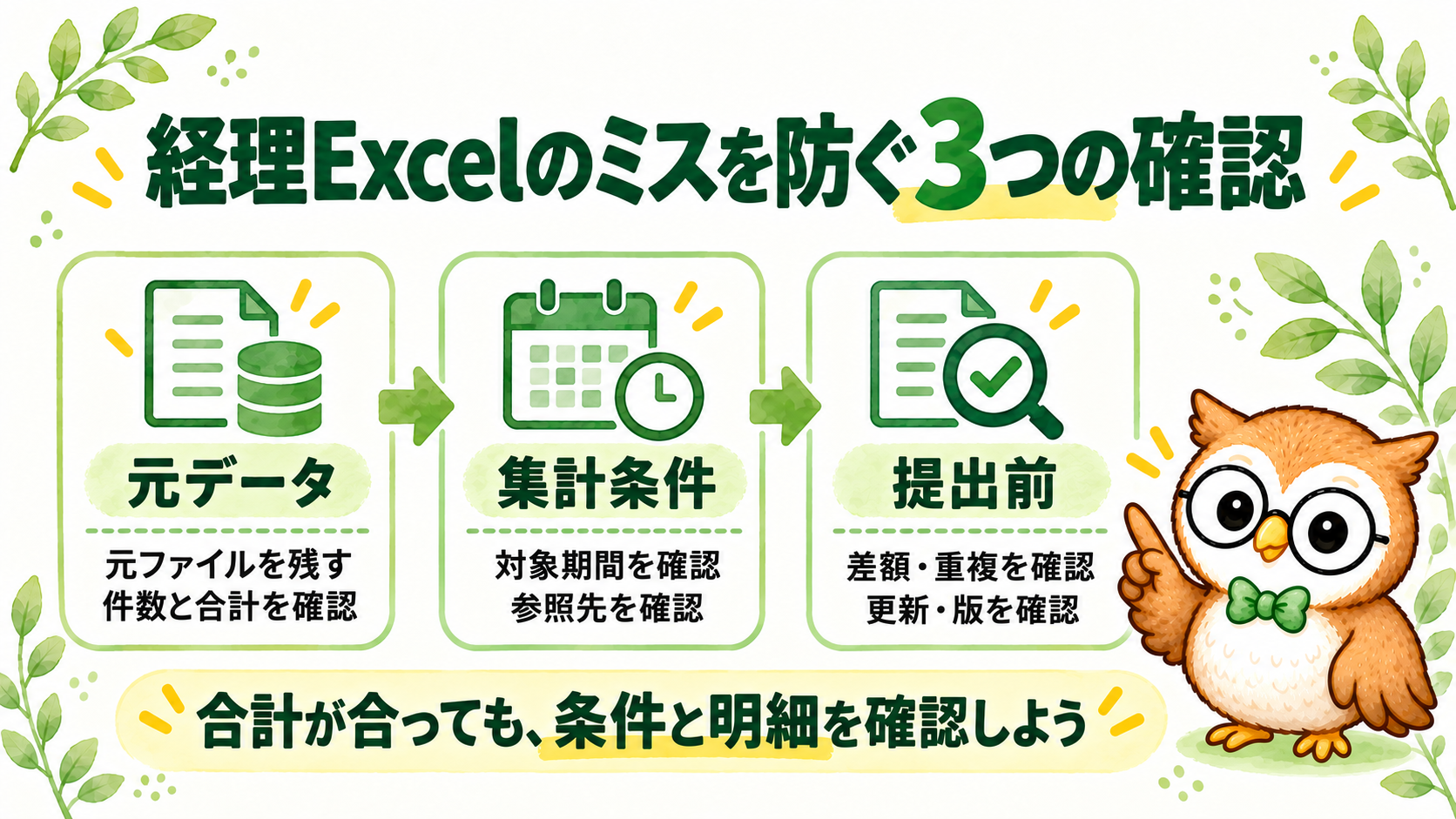 元データを残す・集計条件を確認する・差額と更新を確認する経理Excelのミス防止図